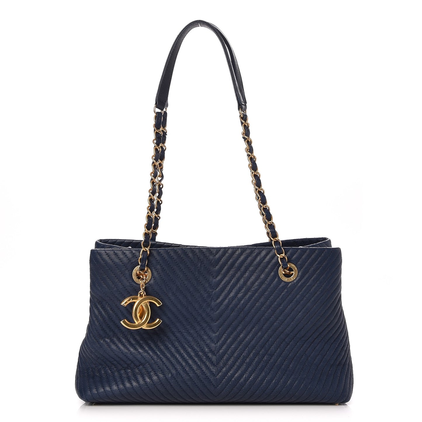 Wrinkled Lambskin Chevron Quilted Surpique Tote Navy Blue