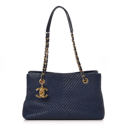 Chanel Wrinkled Lambskin Chevron Quilted Surpique Tote Navy Blue 1 of 7