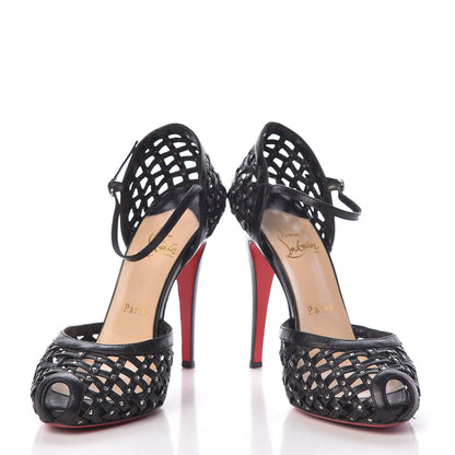 Christian Louboutin Shiny Nappa Studded Woven 120 Platform Peep Toe Pumps 38.5 Black 11 of 12