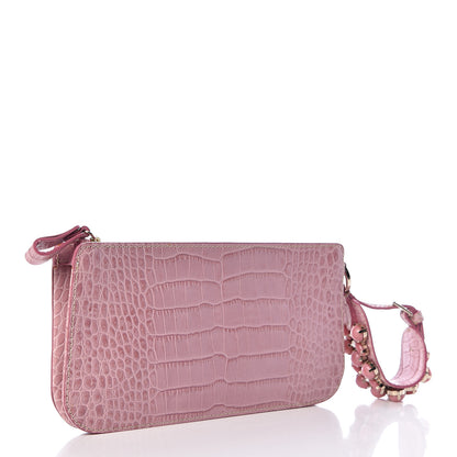 Valentino Garavani Calfskin Crocodile Embossed Crystal Wristlet Clutch Pink 3 of 9