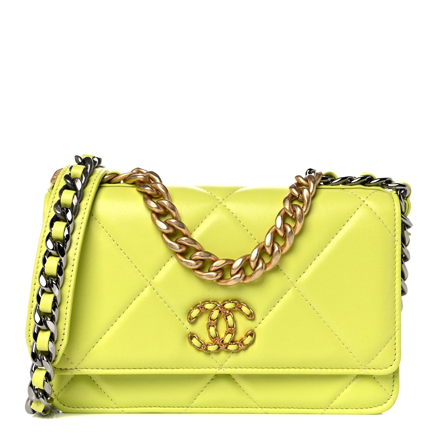 Shiny Lambskin Quilted Chanel 19 Wallet On Chain WOC Neon Yellow