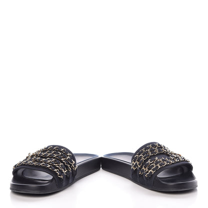 Chanel Satin Canvas Chain Flat Sandals 37 Marine 5 of 16