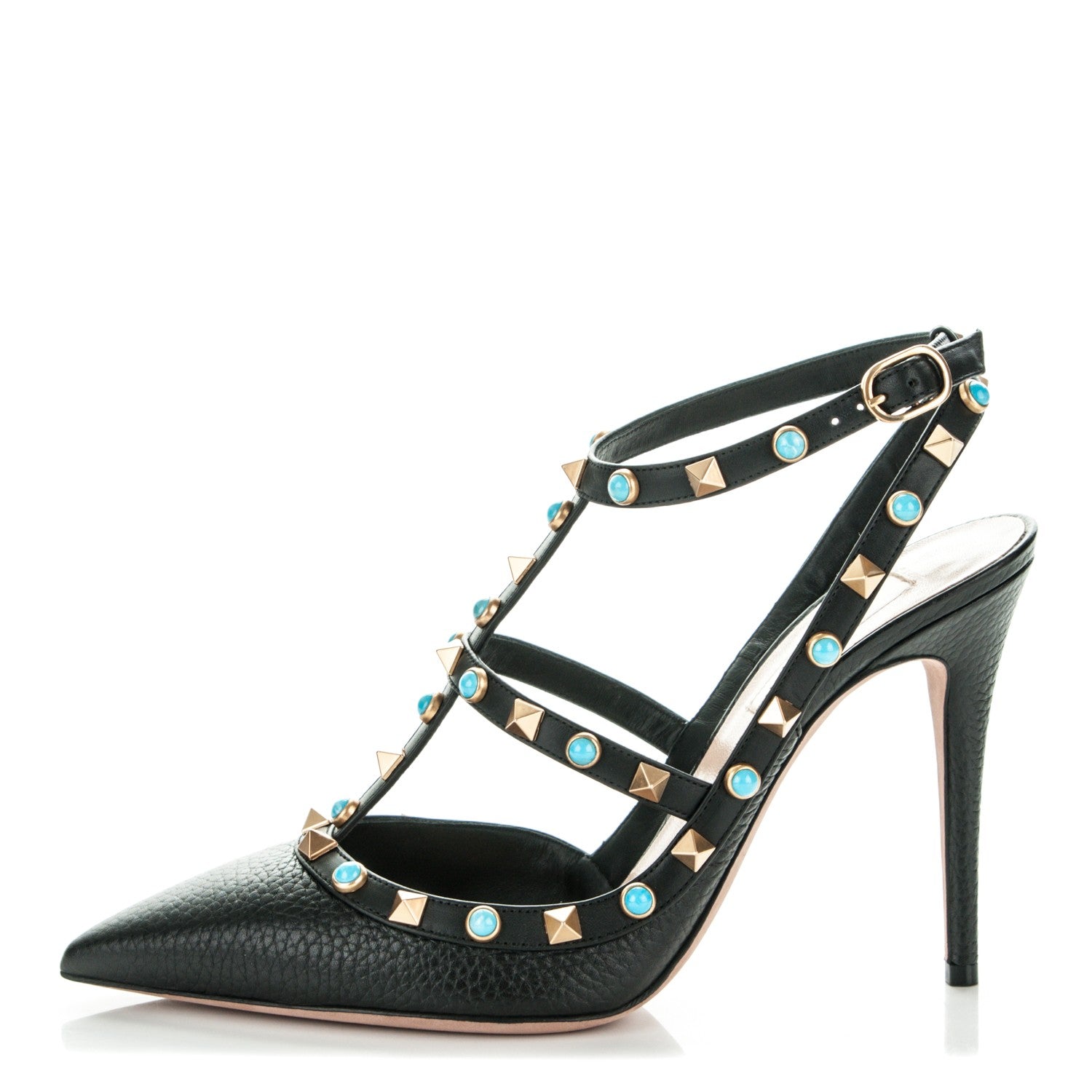 Valentino Garavani Pebbled Calfskin Turquoise Rockstud Rolling Ankle Strap 100mm Pumps 39 Black 1 of 7