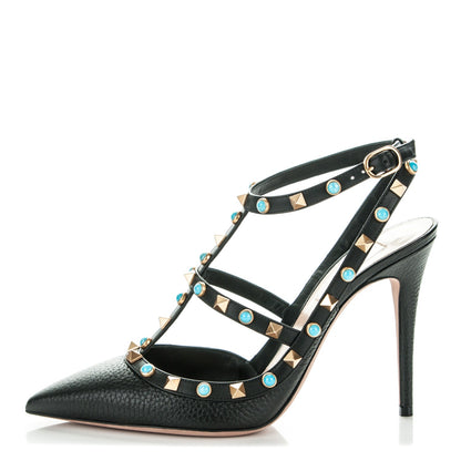 Valentino Garavani Pebbled Calfskin Turquoise Rockstud Rolling Ankle Strap 100mm Pumps 39 Black 1 of 7