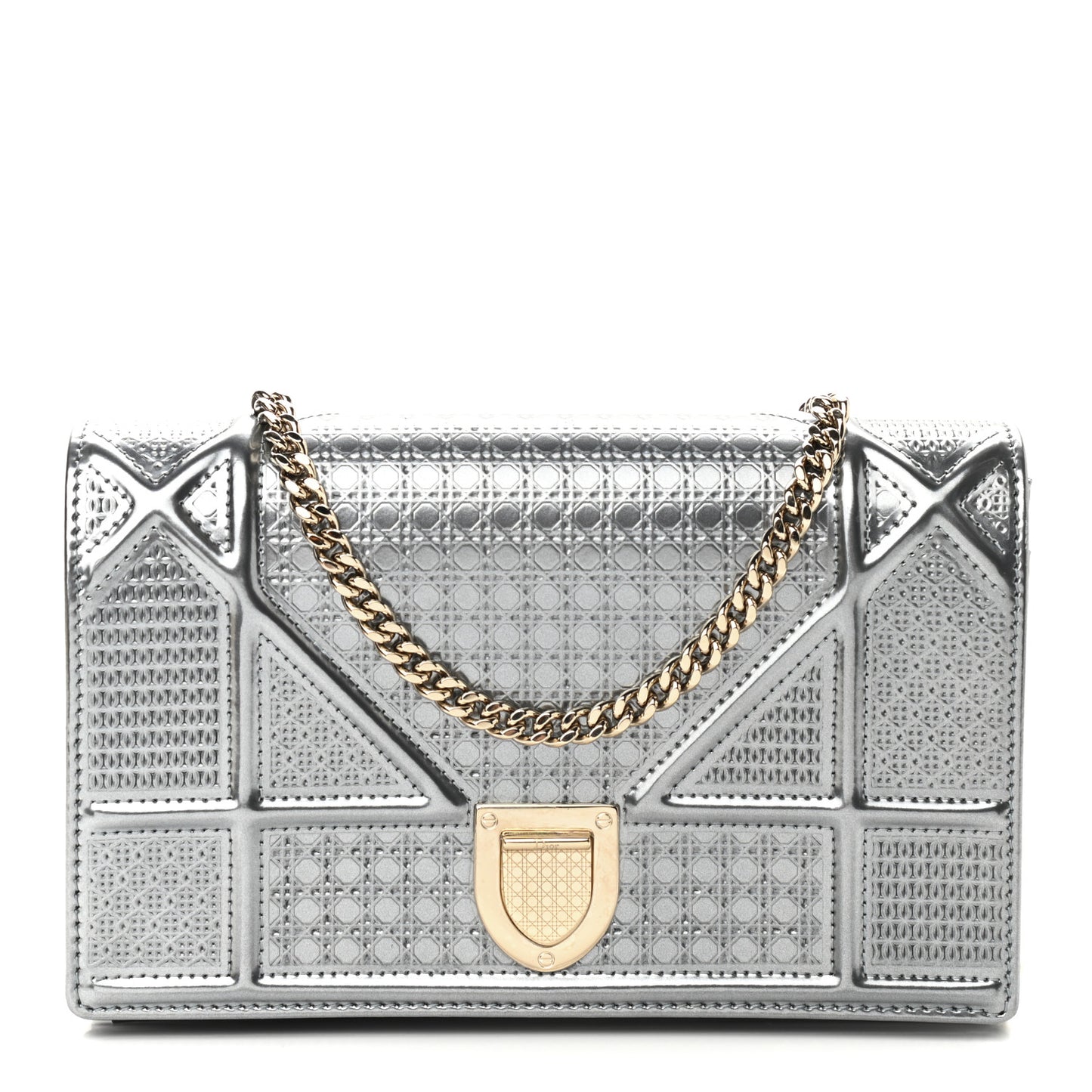 Metallic Patent Micro-Cannage Diorama Wallet on Chain Pouch Silver