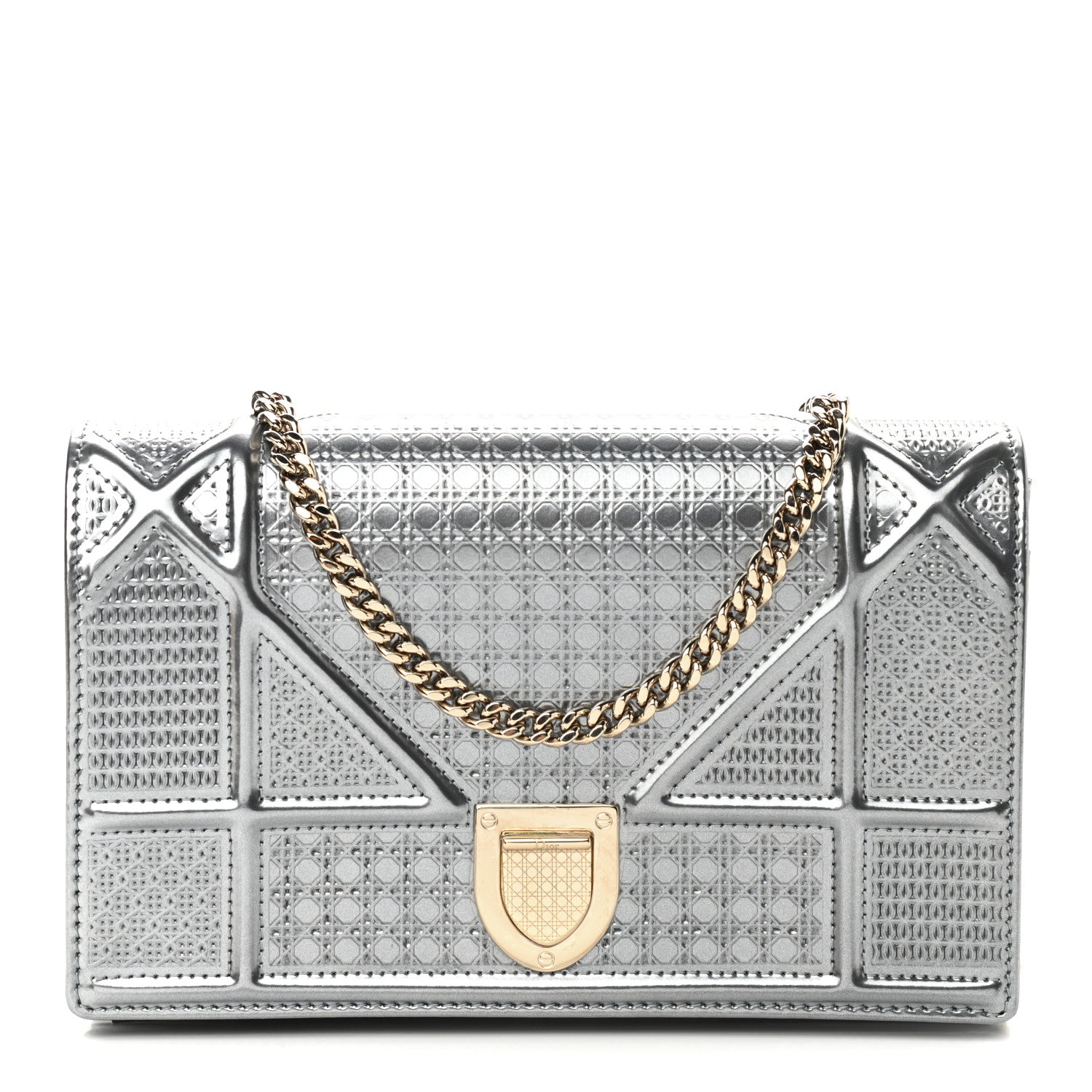 Christian Dior Metallic Patent Micro-Cannage Diorama Wallet on Chain Pouch Silver 1 of 10