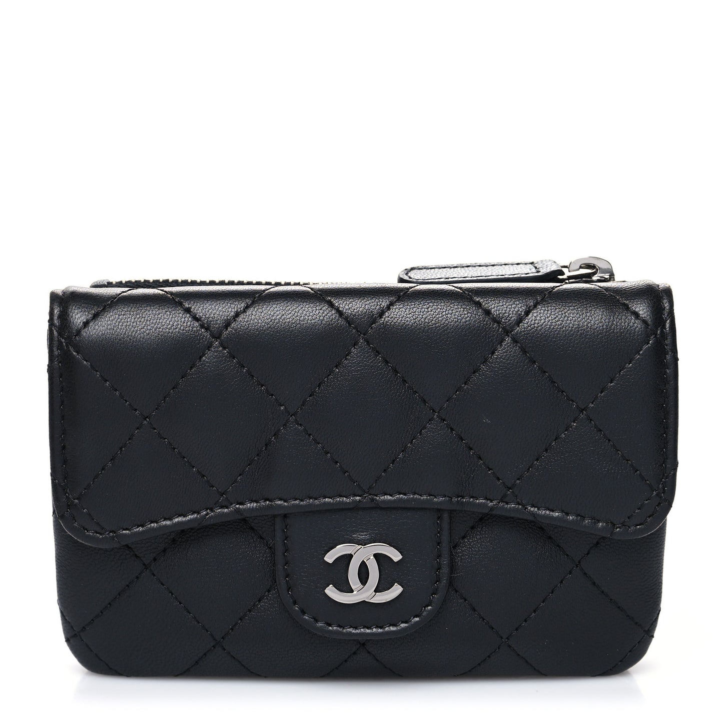 Lambskin Quilted Zip Card Holder Black