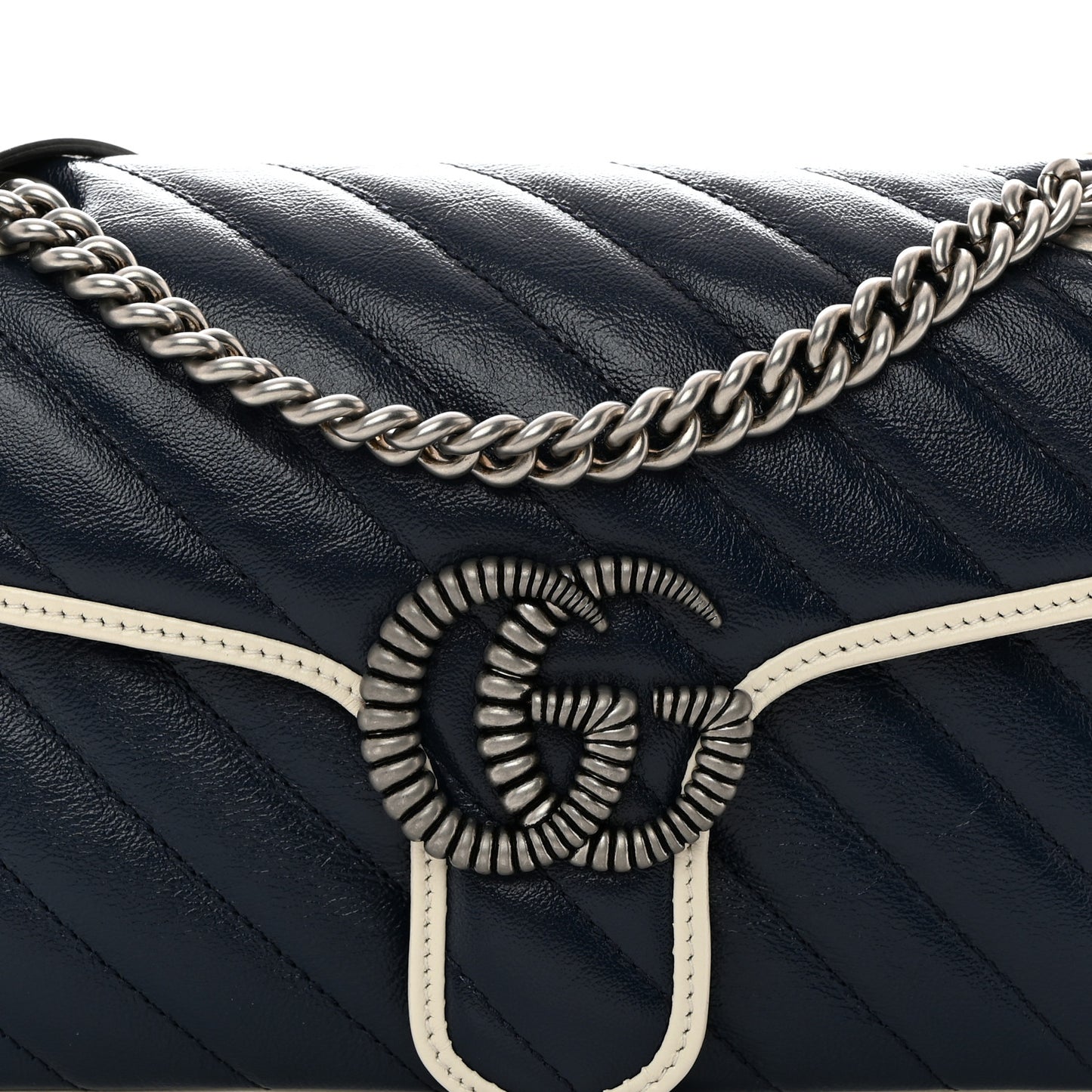 Vintage Effect Calfskin Matelasse Diagonal Small Torchon GG Marmont Shoulder Bag Blue Agata Mystic White