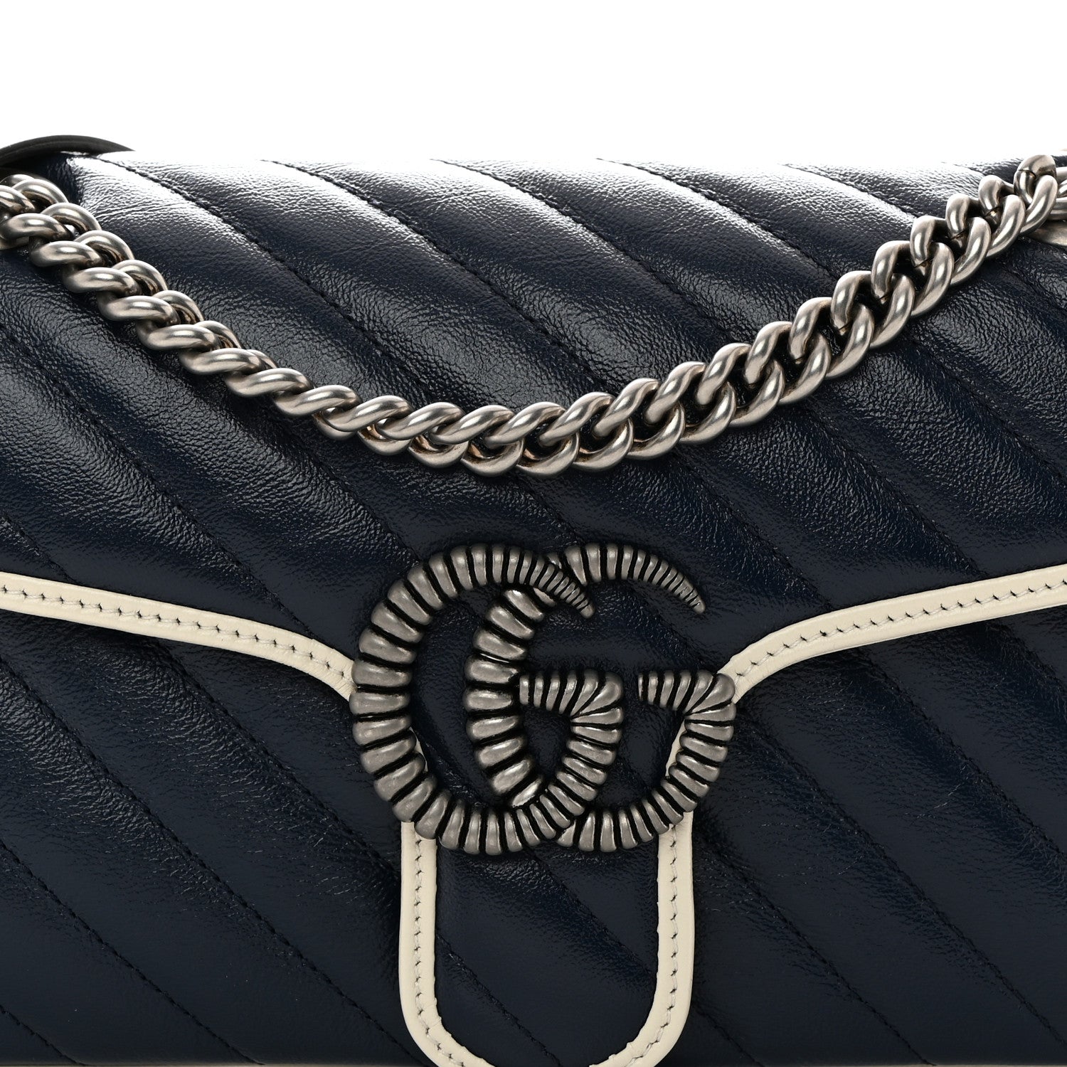 Gucci Vintage Effect Calfskin Matelasse Diagonal Small Torchon GG Marmont Shoulder Bag Blue Agata Mystic White 8 of 10