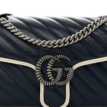 Gucci Vintage Effect Calfskin Matelasse Diagonal Small Torchon GG Marmont Shoulder Bag Blue Agata Mystic White 8 of 10