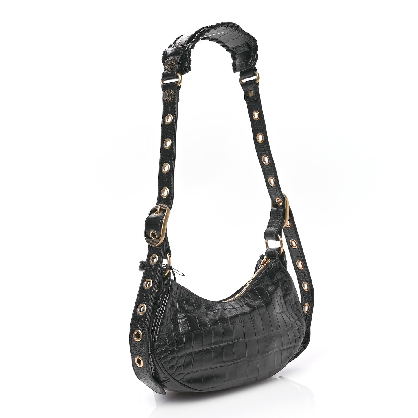 Extra Supple Calfskin Crocodile Embossed Le Cagole Shoulder Bag XS Black