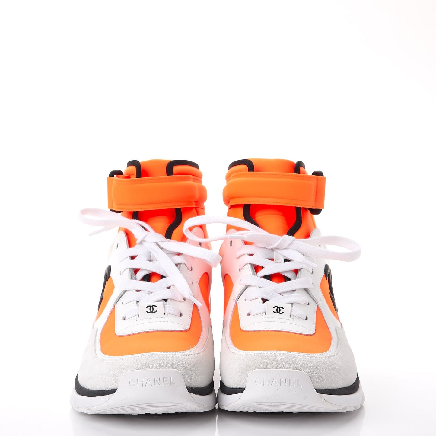 Suede Calfskin Lambskin Neoprene High Top CC Sneakers 41 White Fluo Orange