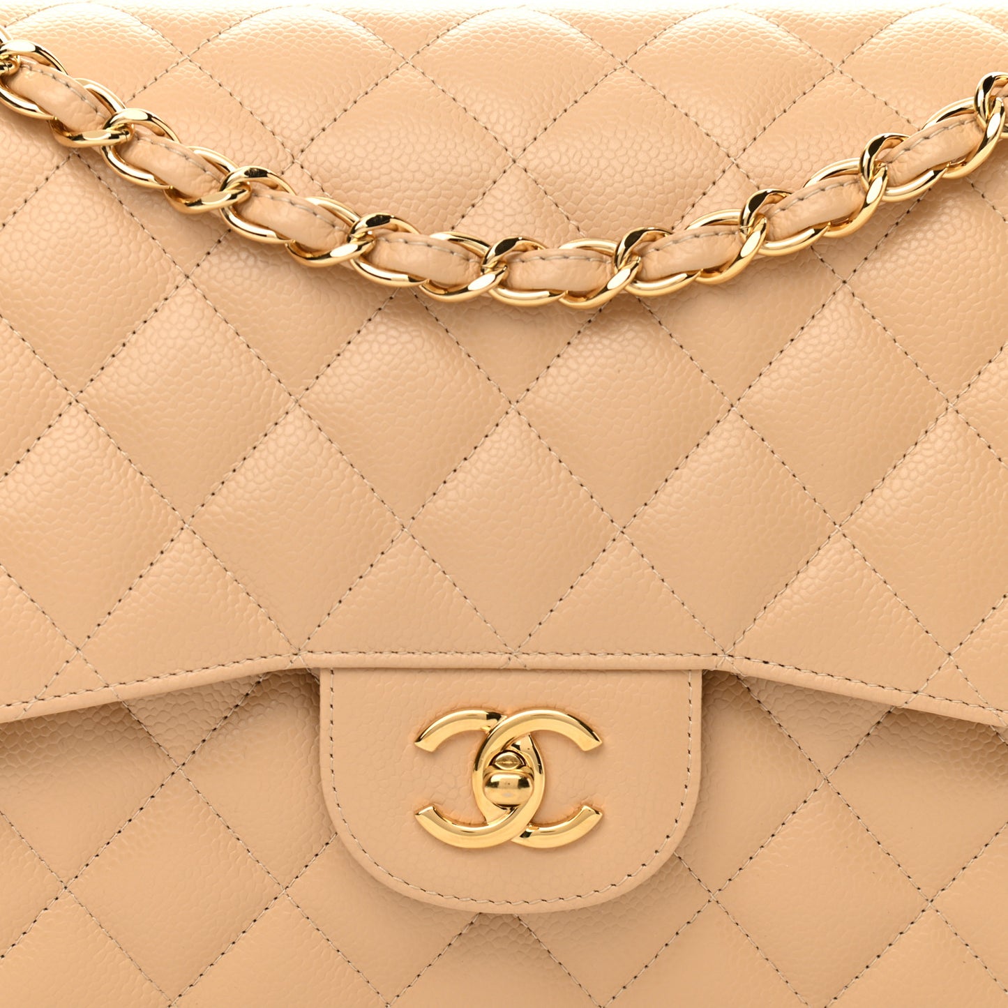 Caviar Quilted Jumbo Double Flap Beige Clair