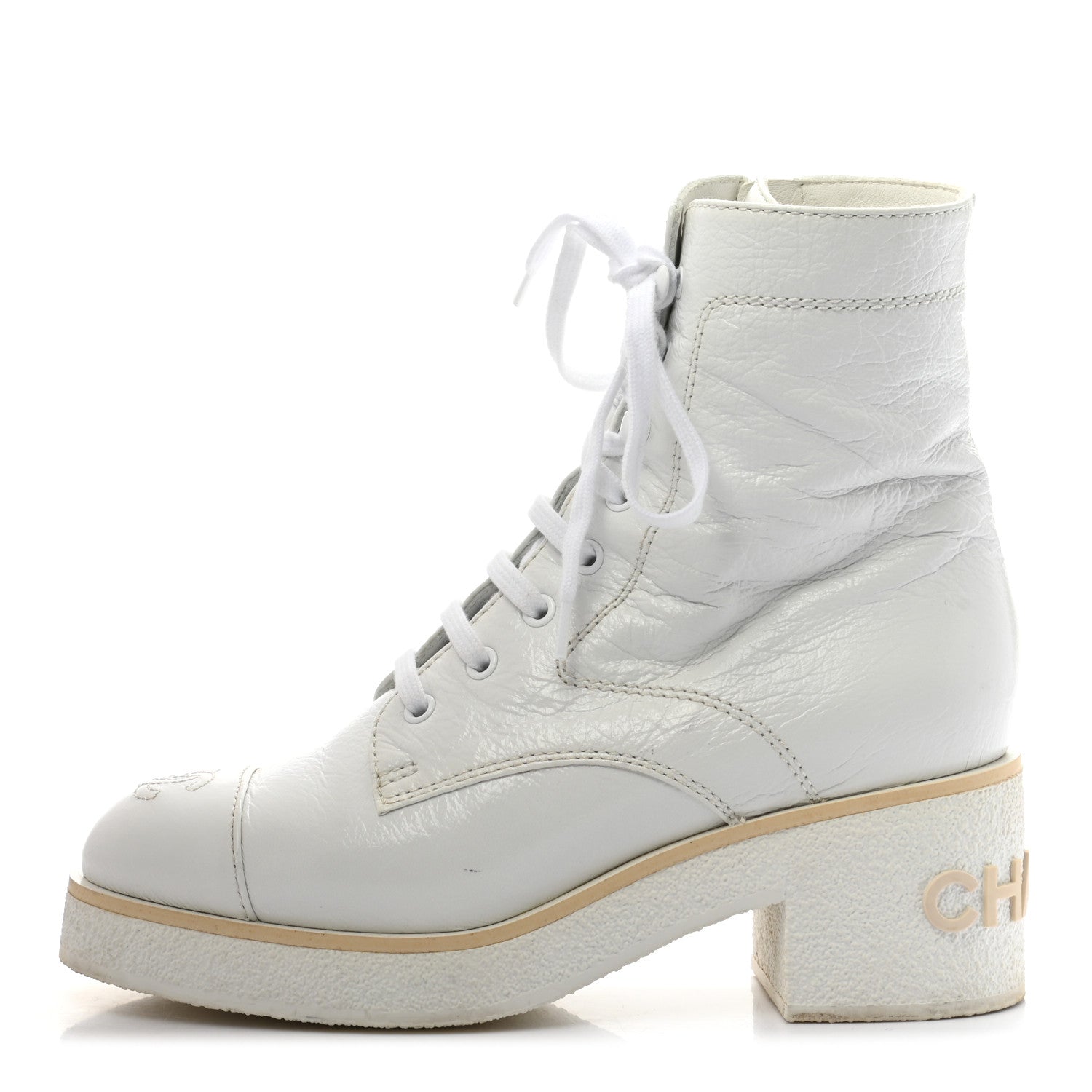 Chanel Shiny Crumpled Lambskin Lace Up Combat Boots 37 White 1 of 11