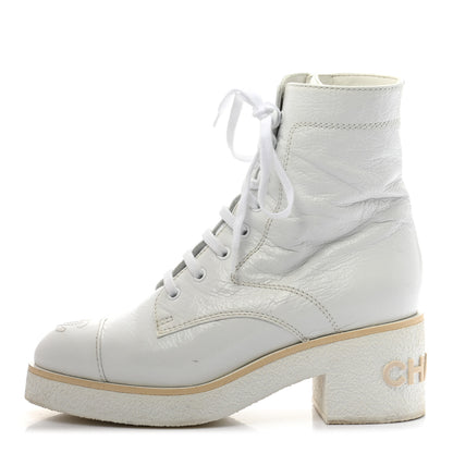Chanel Shiny Crumpled Lambskin Lace Up Combat Boots 37 White 1 of 11