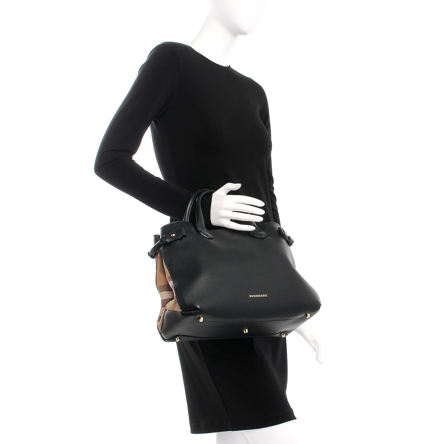Calfskin House Check Medium Banner Tote Black
