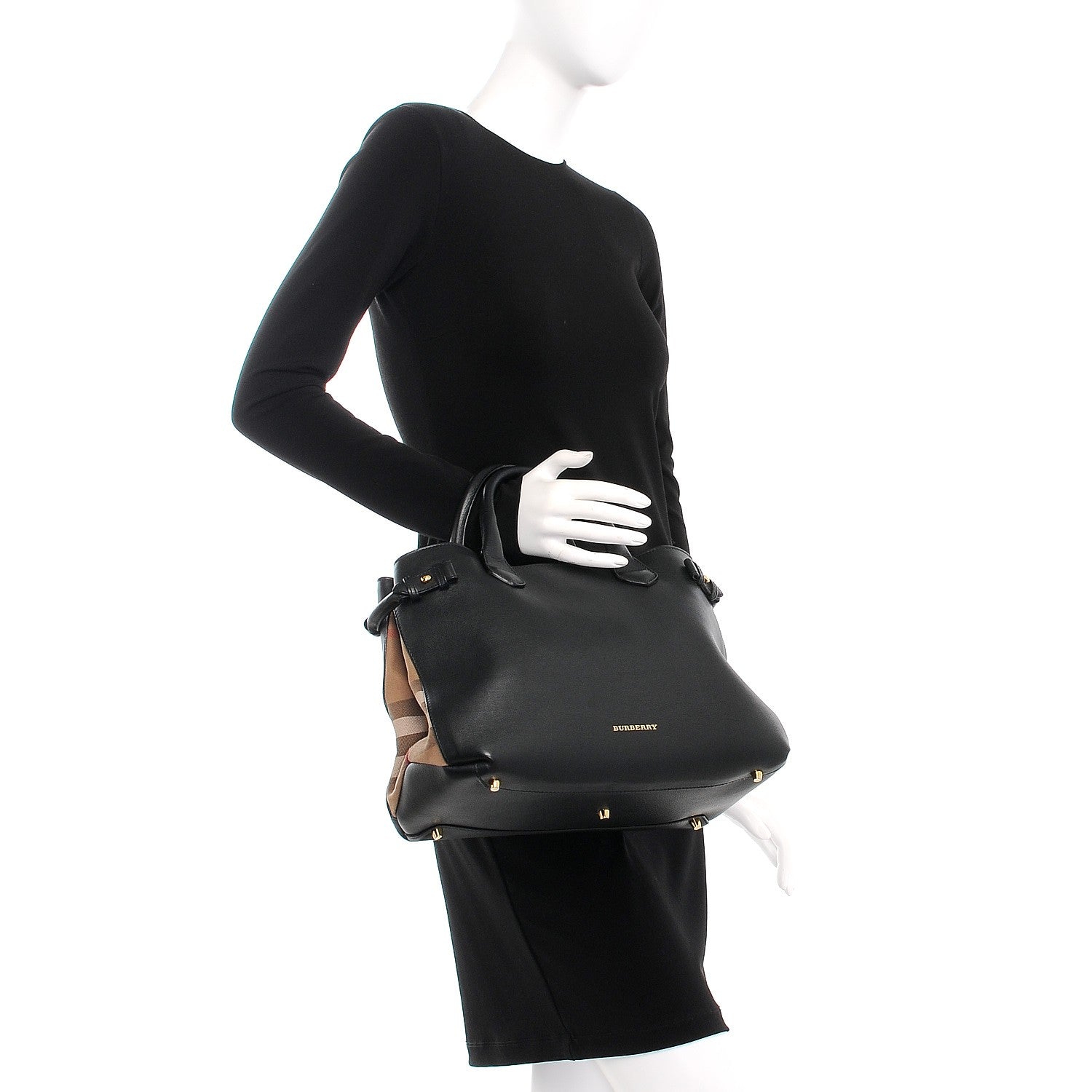Burberry Calfskin House Check Medium Banner Tote Black 3 of 8
