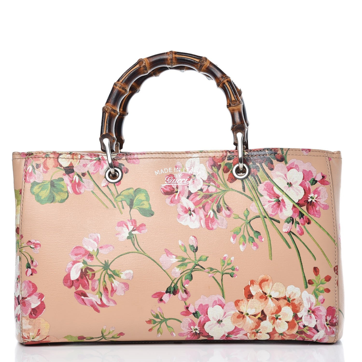 Gucci Shangai Calfskin Blooms Print Medium Bamboo Shopper Tote Pink Apricot Multicolor 1 of 16