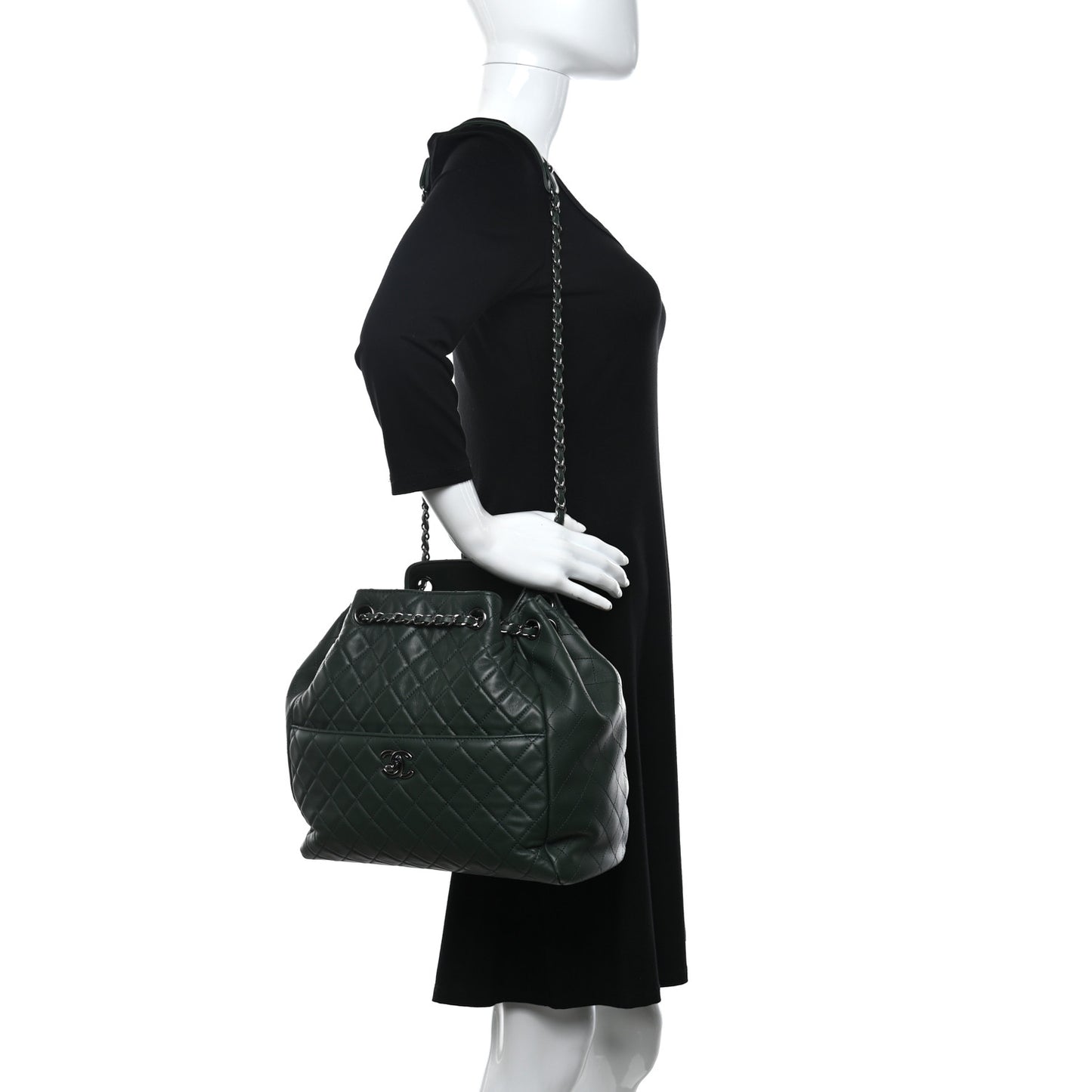 Lambskin Quilted Large Drawstring Shoulder Bag Dark Green