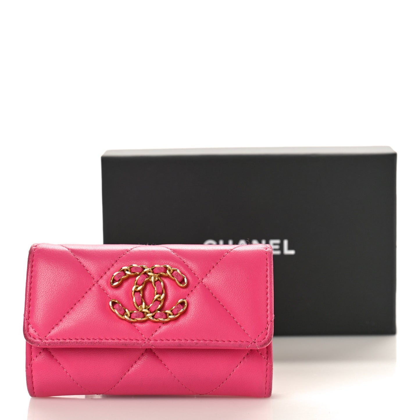 Lambskin Quilted Chanel 19 Flap Card Holder Dark Pink
