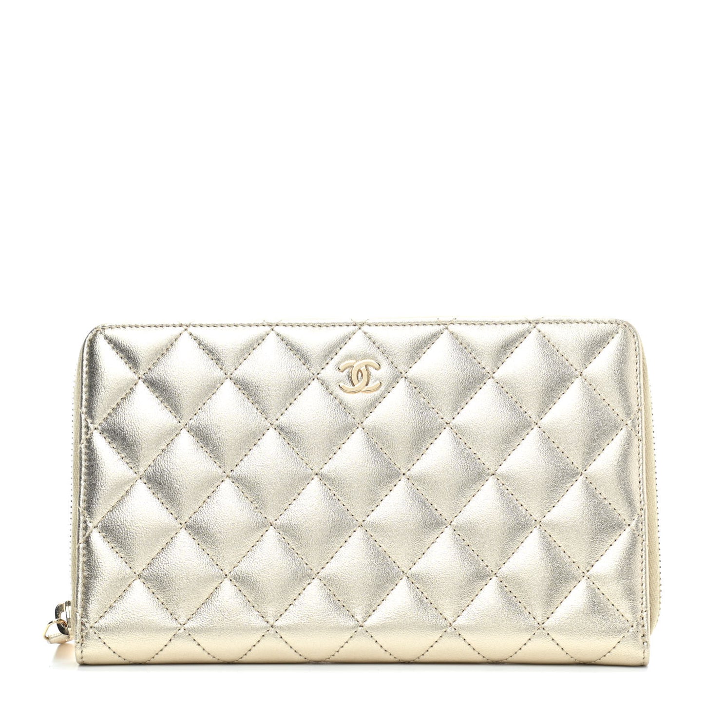 Iridescent Lambskin Quilted Large Zip Around Organizer Wallet Light Gold