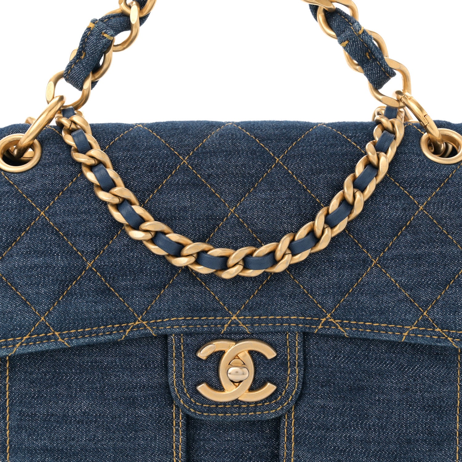 Chanel Denim Quilted Large Double You Flap Blue Golden 8 of 12
