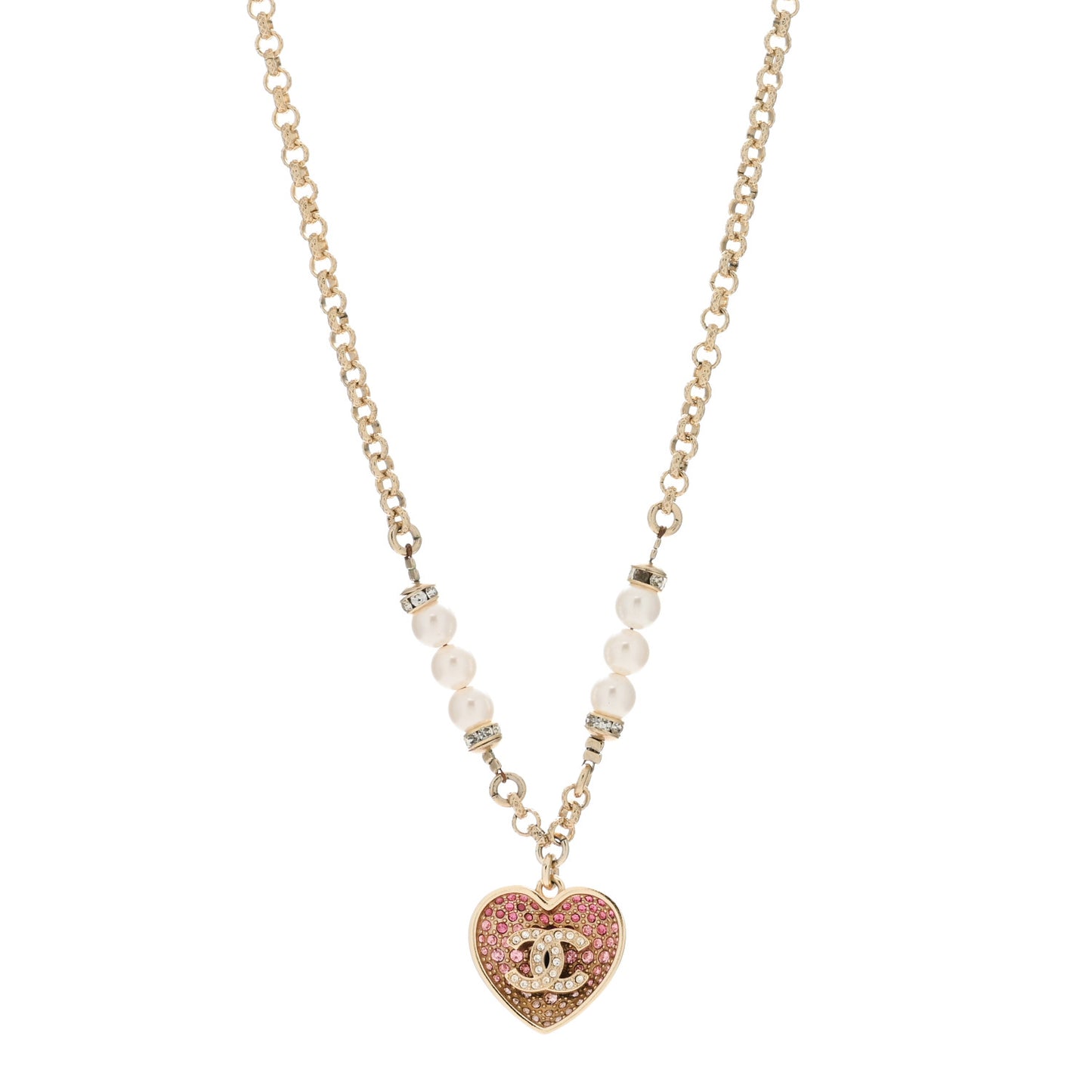 Resin Crystal Pearl Chain Heart CC Drop Necklace Pink White Gold
