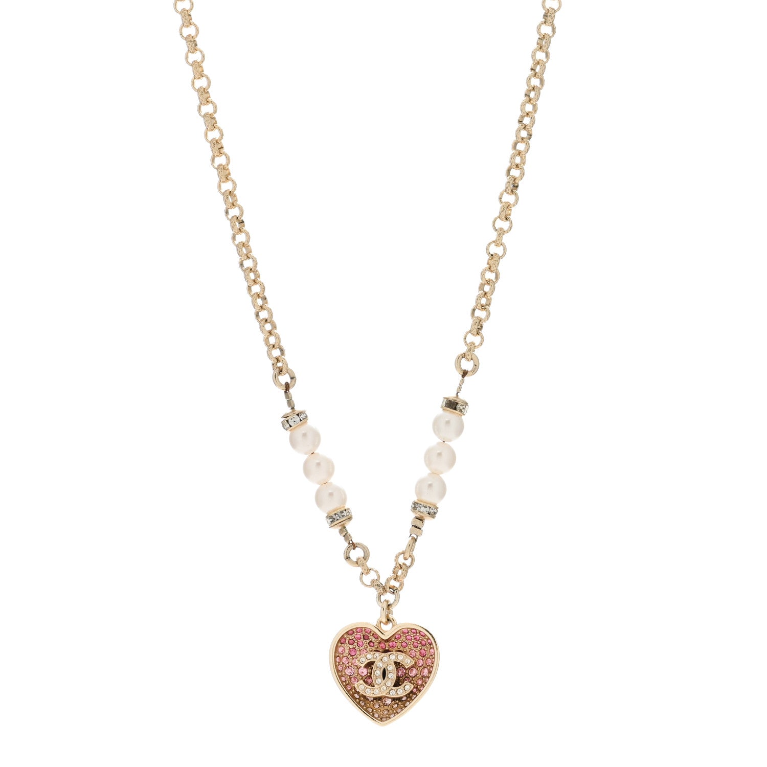 Chanel Resin Crystal Pearl Chain Heart CC Drop Necklace Pink White Gold 1 of 4