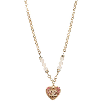 Chanel Resin Crystal Pearl Chain Heart CC Drop Necklace Pink White Gold 1 of 4