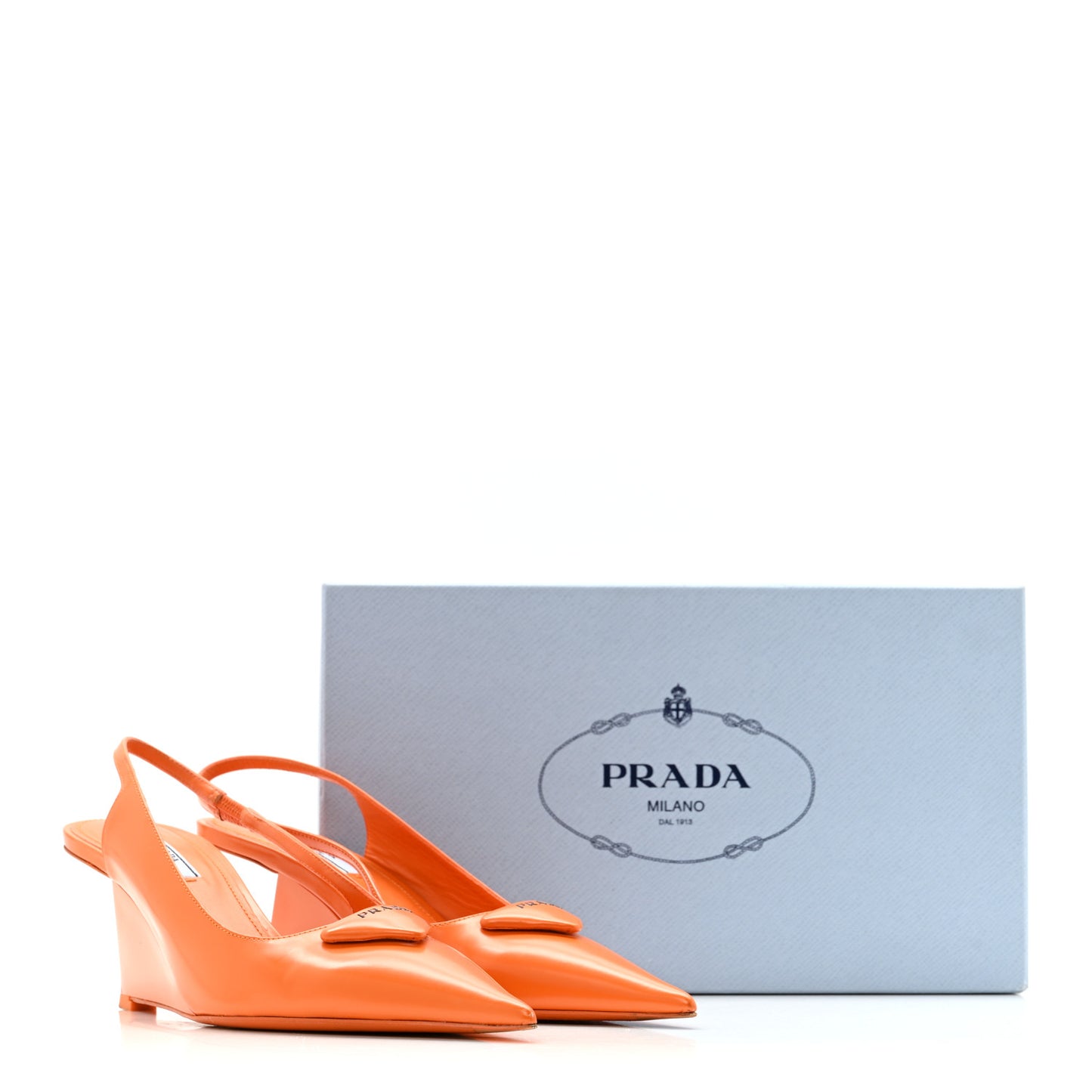 Brushed Calfskin Logo Pointed Toe Slingback Wedges 39.5 Orange