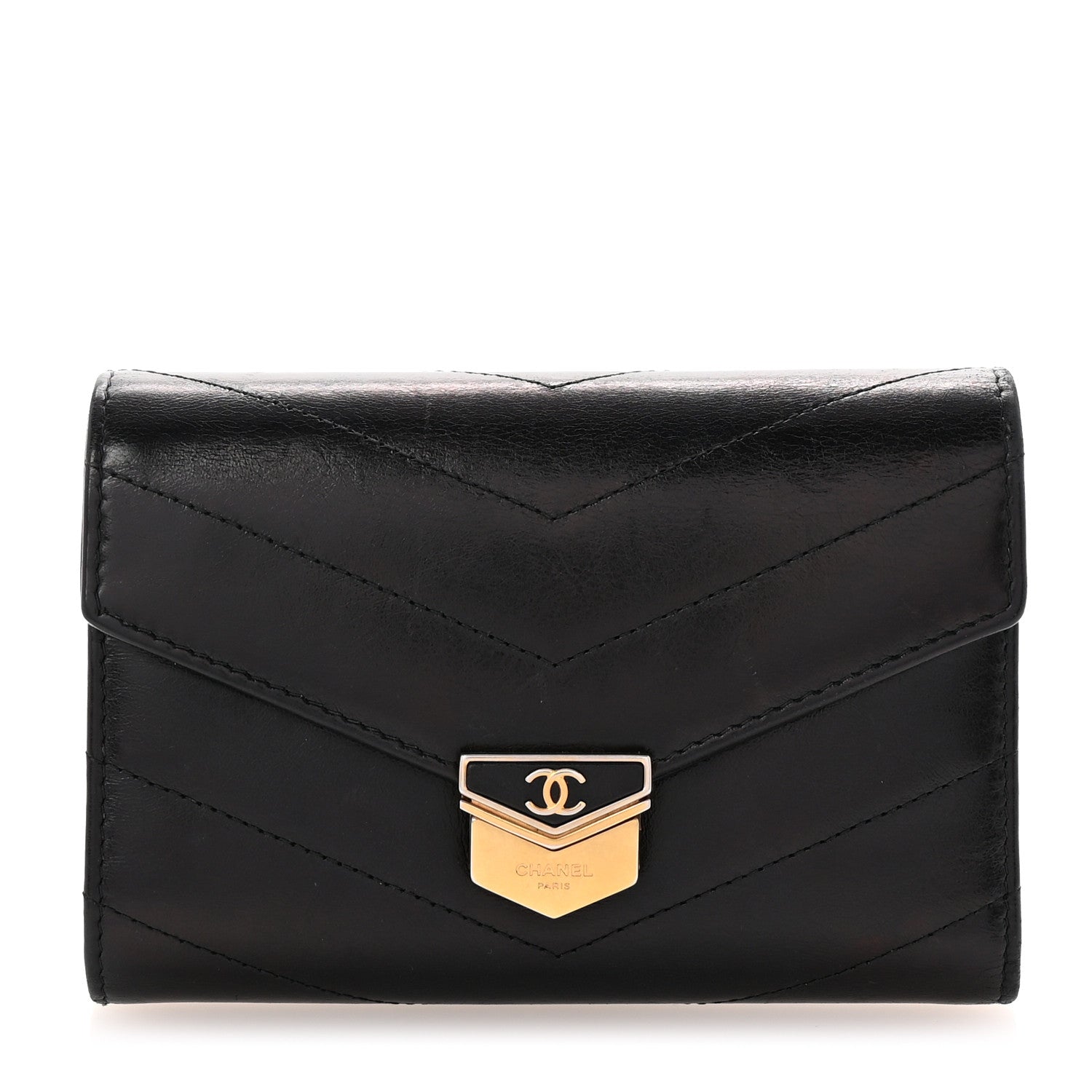 Chanel Calfskin Chevron Quilted Medal Flap Wallet Black 1 of 8