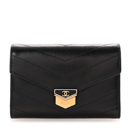 Chanel Calfskin Chevron Quilted Medal Flap Wallet Black 1 of 8
