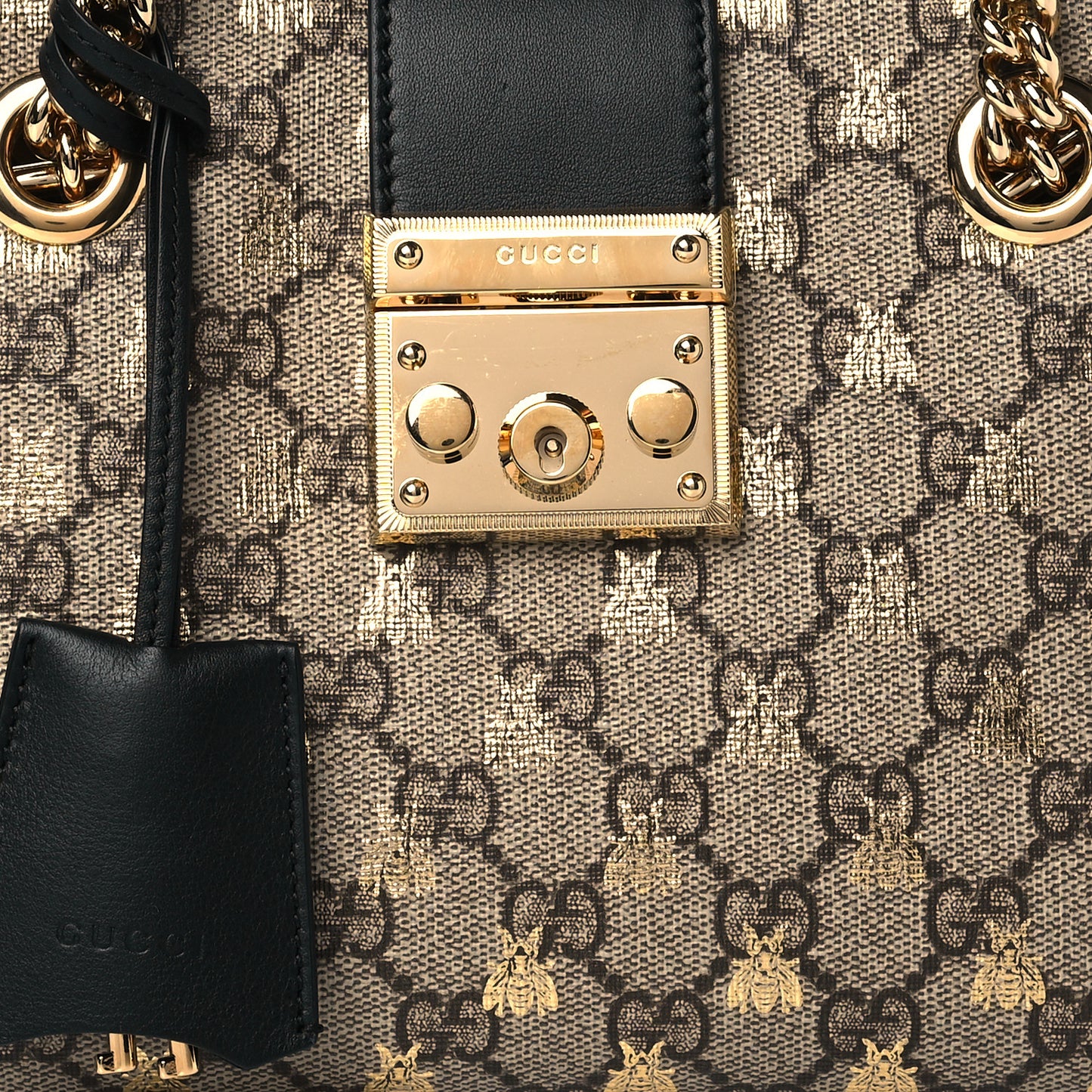 GG Supreme Monogram Bees Small Padlock Tote Beige Oro Black