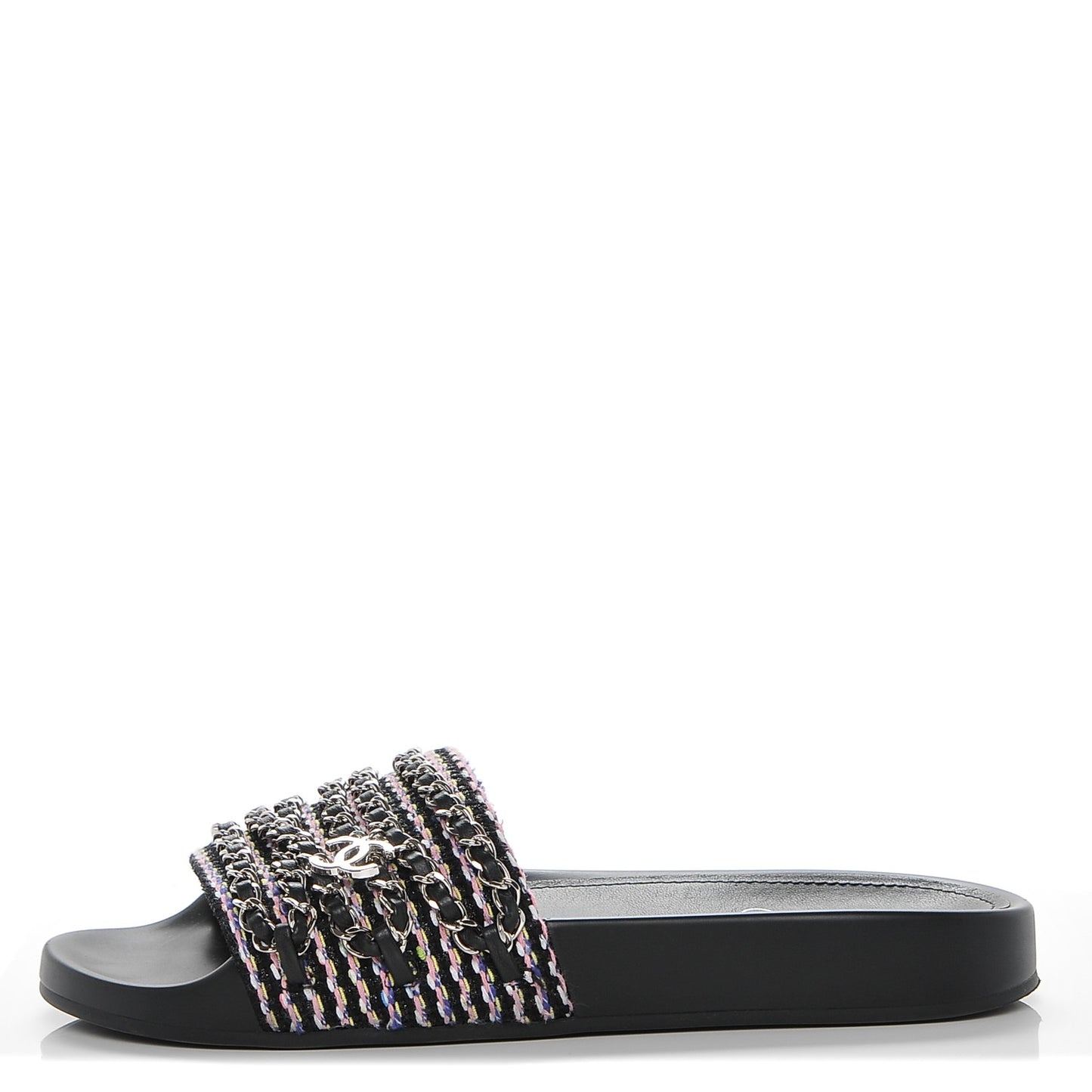 Tweed Lambskin Chain Flat Sandals 37 Black Multicolor