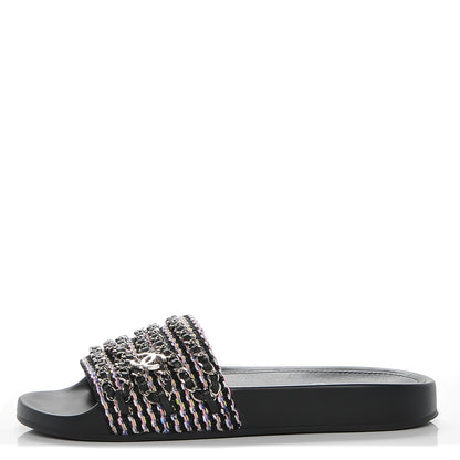 Chanel Tweed Lambskin Chain Flat Sandals 37 Black Multicolor 1 of 6