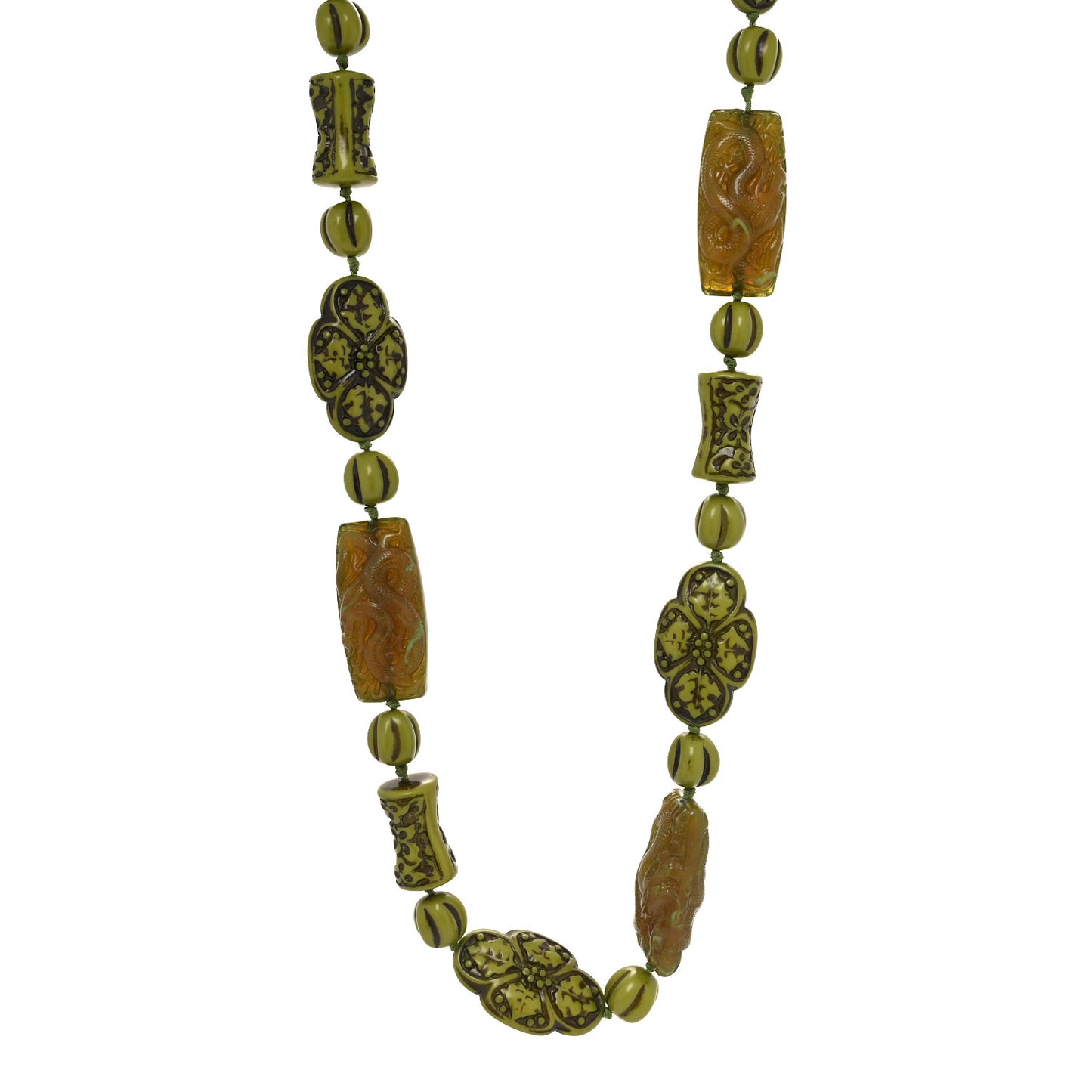 Resin Carved Flower Dragon Bead Necklace Green