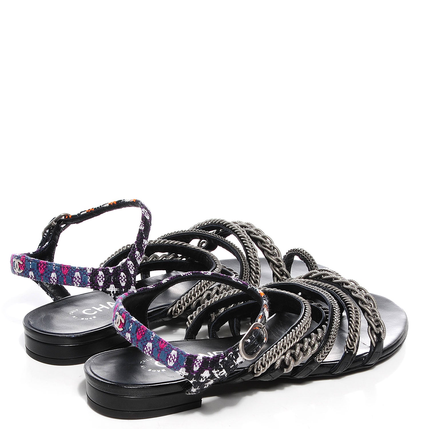 Chanel Tweed Chain Flat Sandals 38 Black 4 of 7