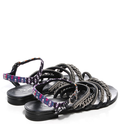 Chanel Tweed Chain Flat Sandals 38 Black 4 of 7