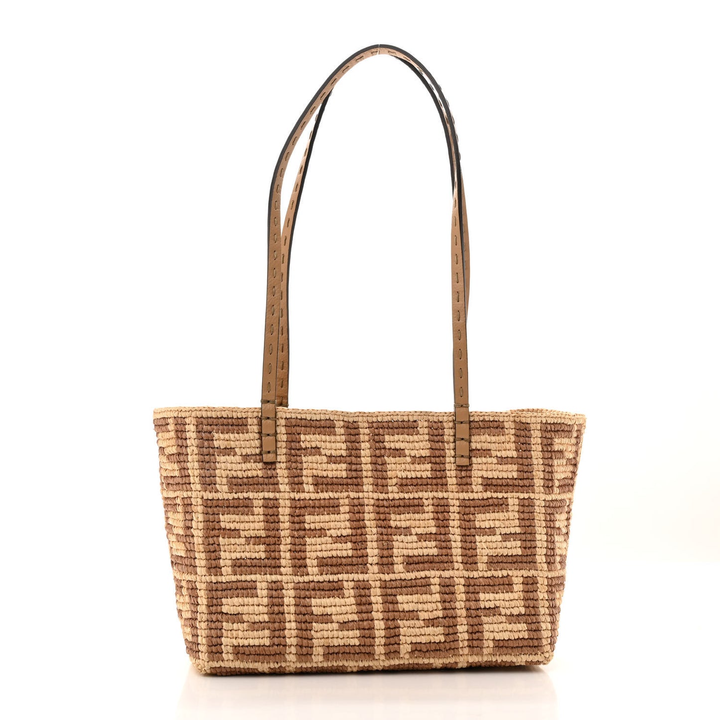 Raffia Cuoio Romano FF Crochet Small Roll Shopper Natural Dark Honey