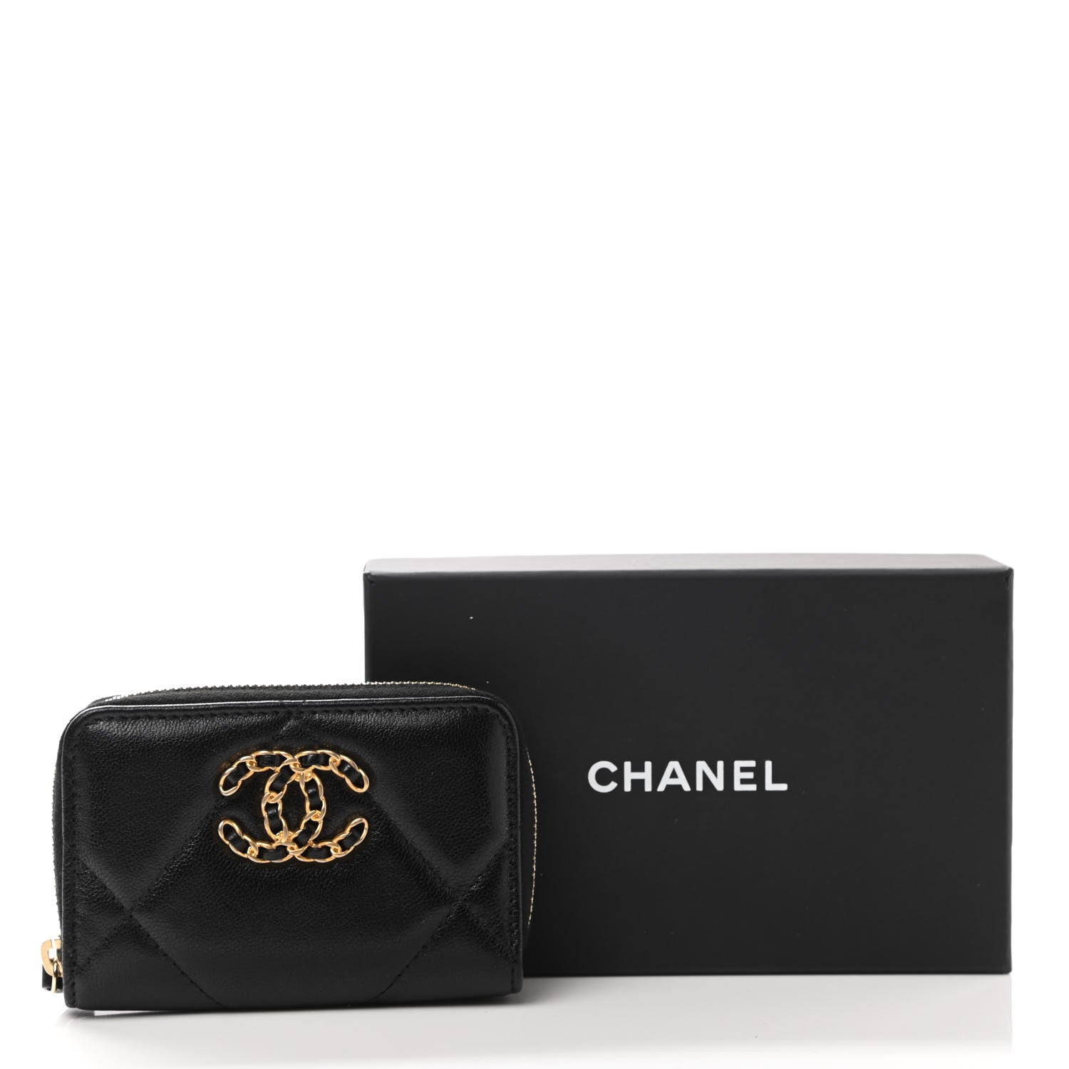 Chanel Shiny Goatskin Quilted Chanel 19 Zip Around Coin Purse Wallet Black 8 of 8
