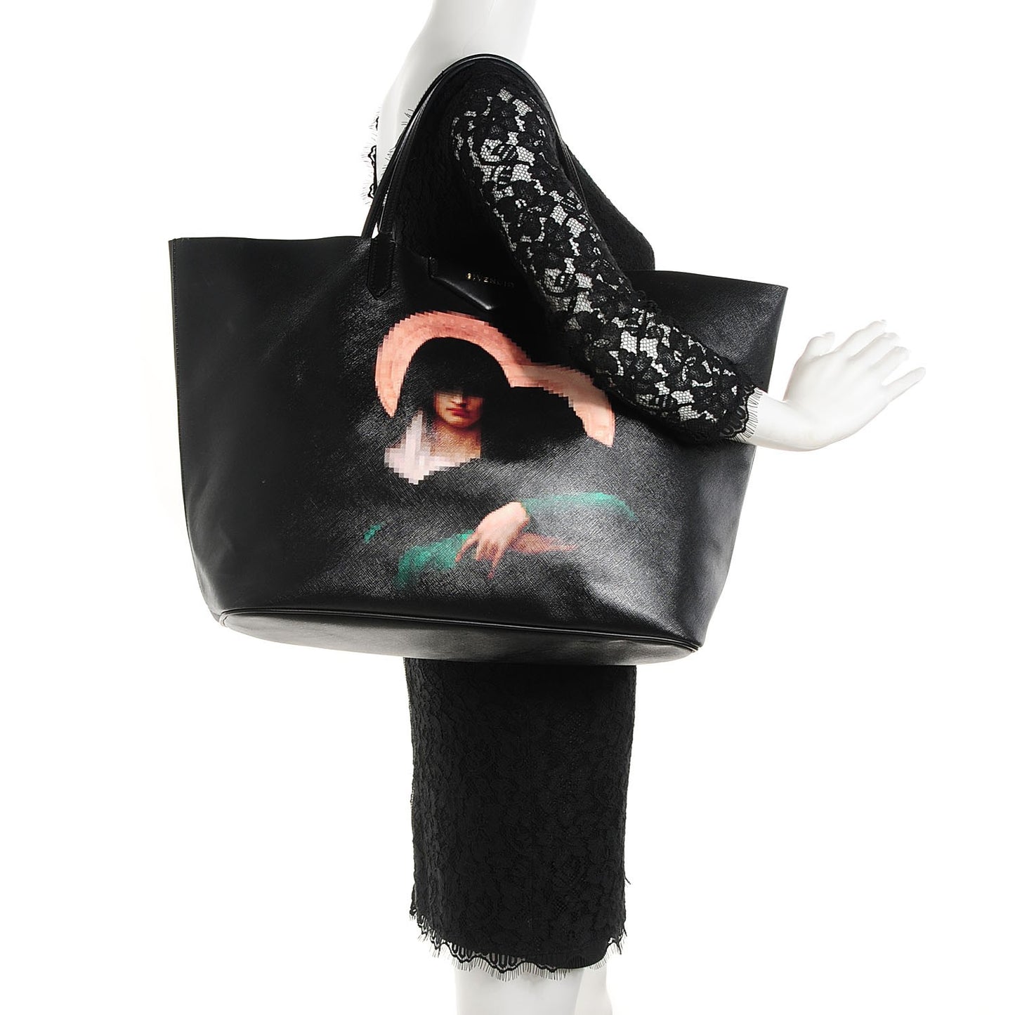 Textured Coated Canvas Pixel Madonna Print Large Antigona Tote Black