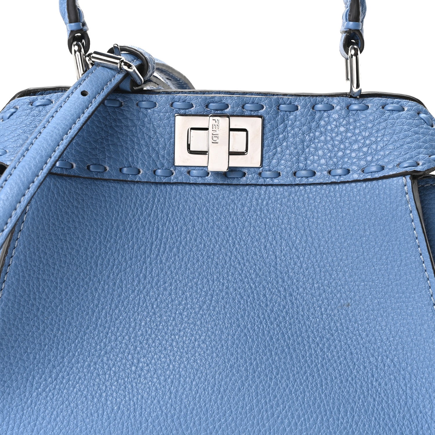Fendi Cuoio Romano Selleria Macro Stitchings Mini Peekaboo Iconic Satchel Argento Blue 7 of 9