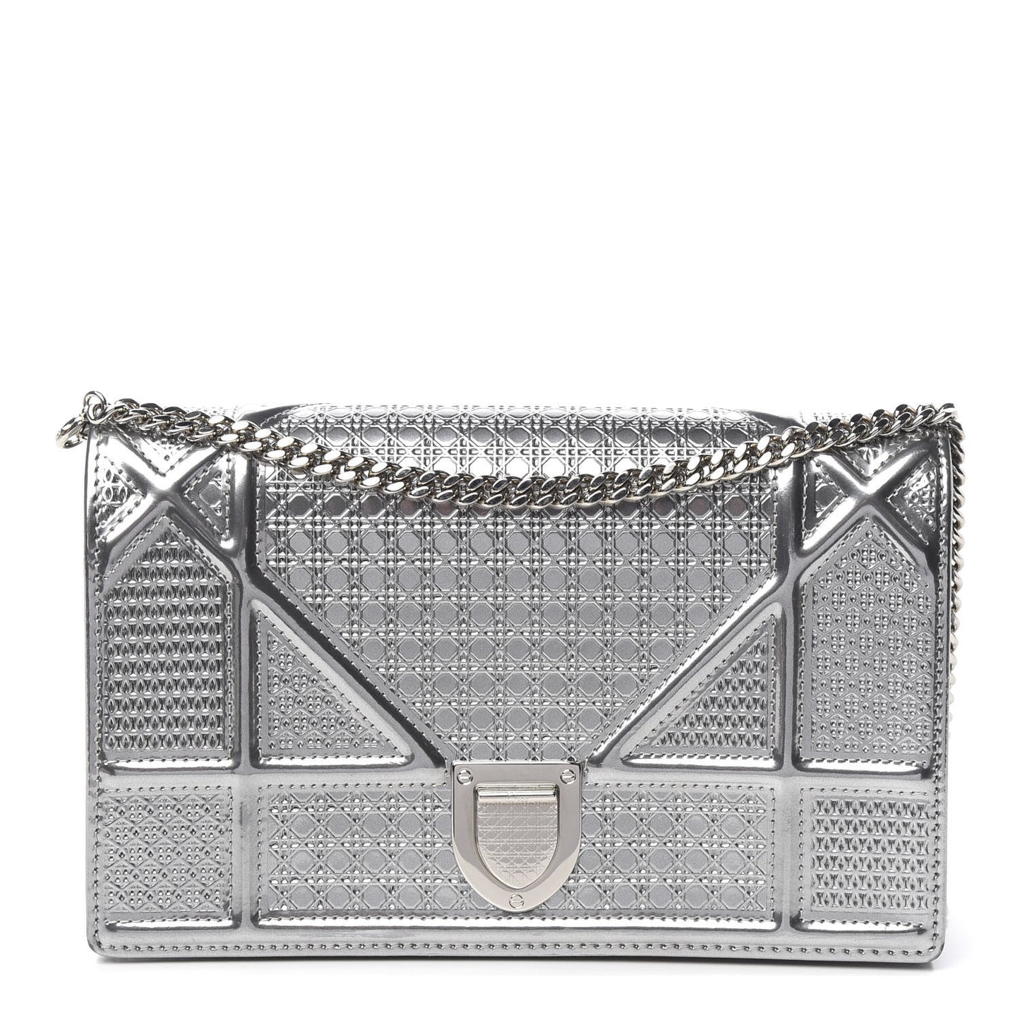 Metallic Patent Micro-Cannage Diorama Wallet on Chain Pouch Silver