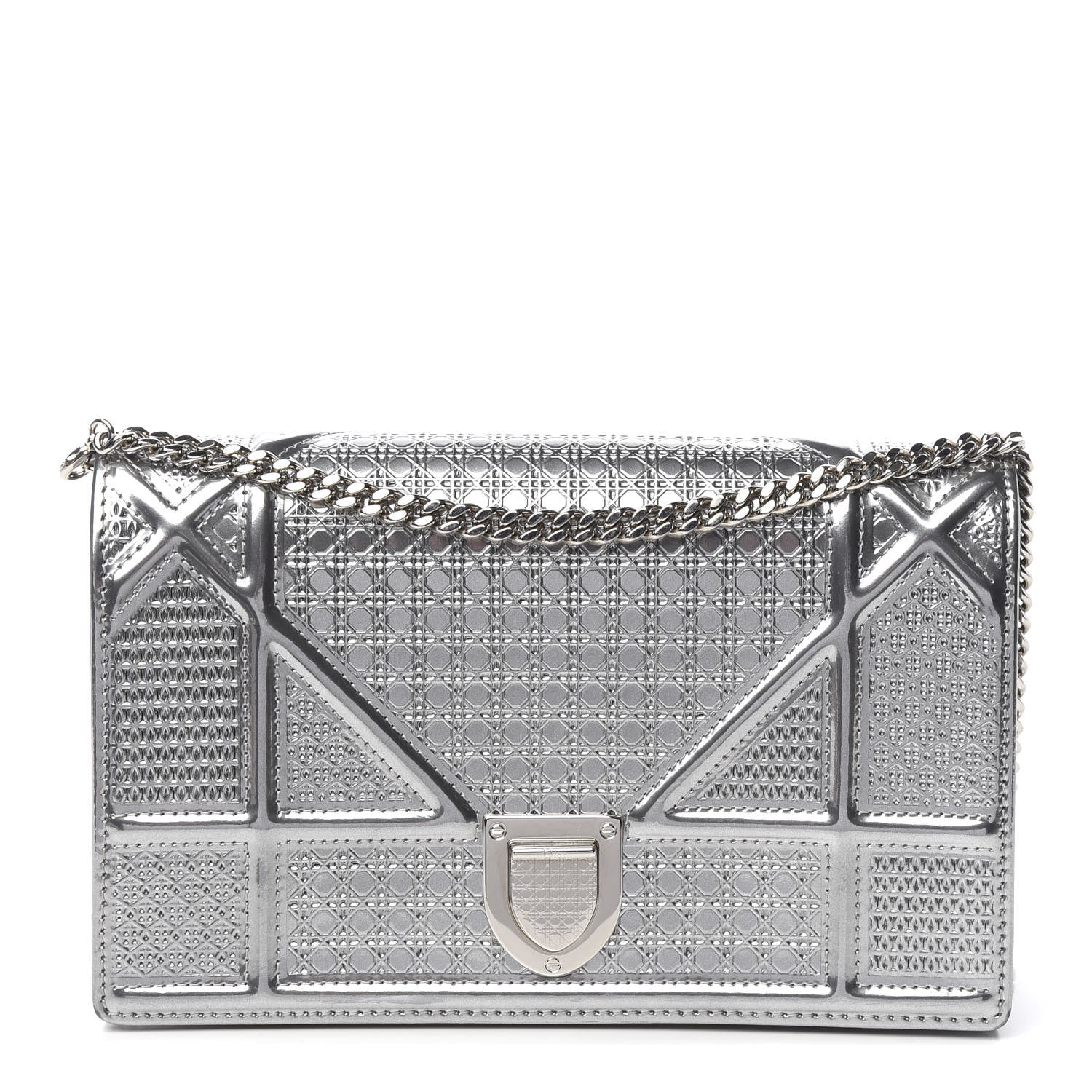 Christian Dior Metallic Patent Micro-Cannage Diorama Wallet on Chain Pouch Silver 1 of 9