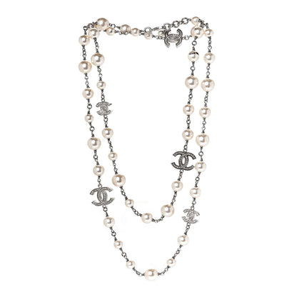 Chanel Graduated Pearl Crystal CC Long Necklace Silver 3 of 6