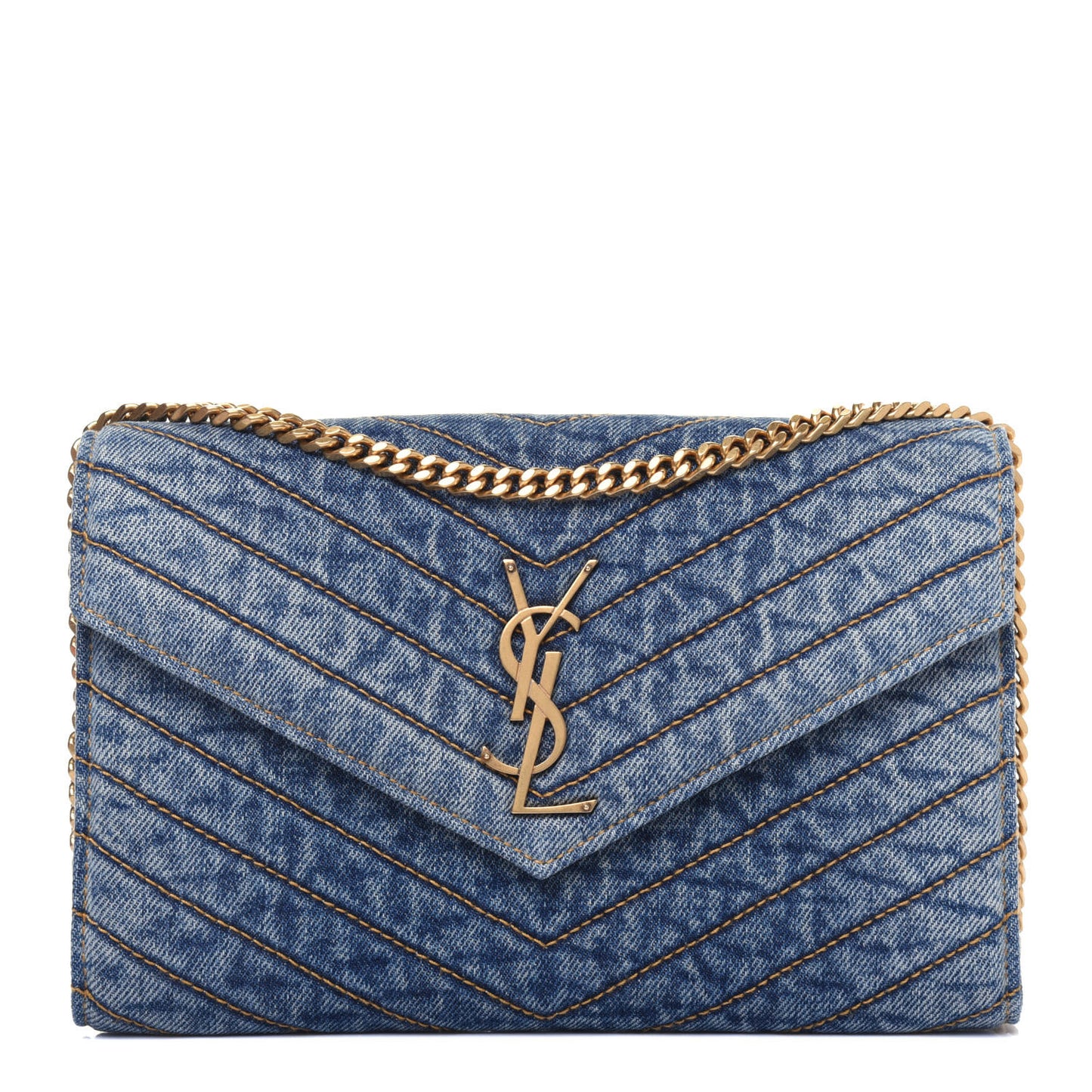 Denim Matelasse Chevron Monogram Chain Wallet Blue Jeans