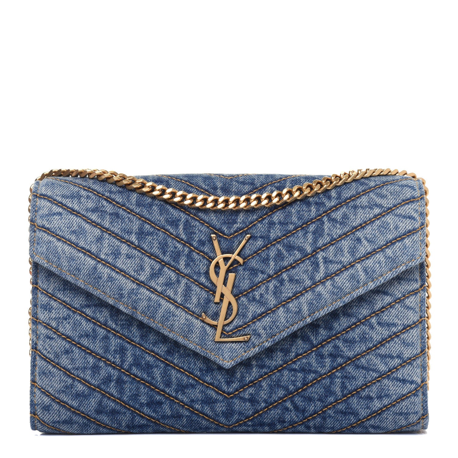 Saint Laurent Denim Matelasse Chevron Monogram Chain Wallet Blue Jeans 1 of 12