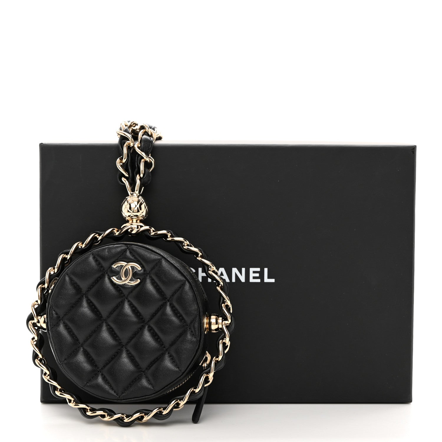 Chanel Lambskin Quilted Chain Round Mini Clutch Black 7 of 7
