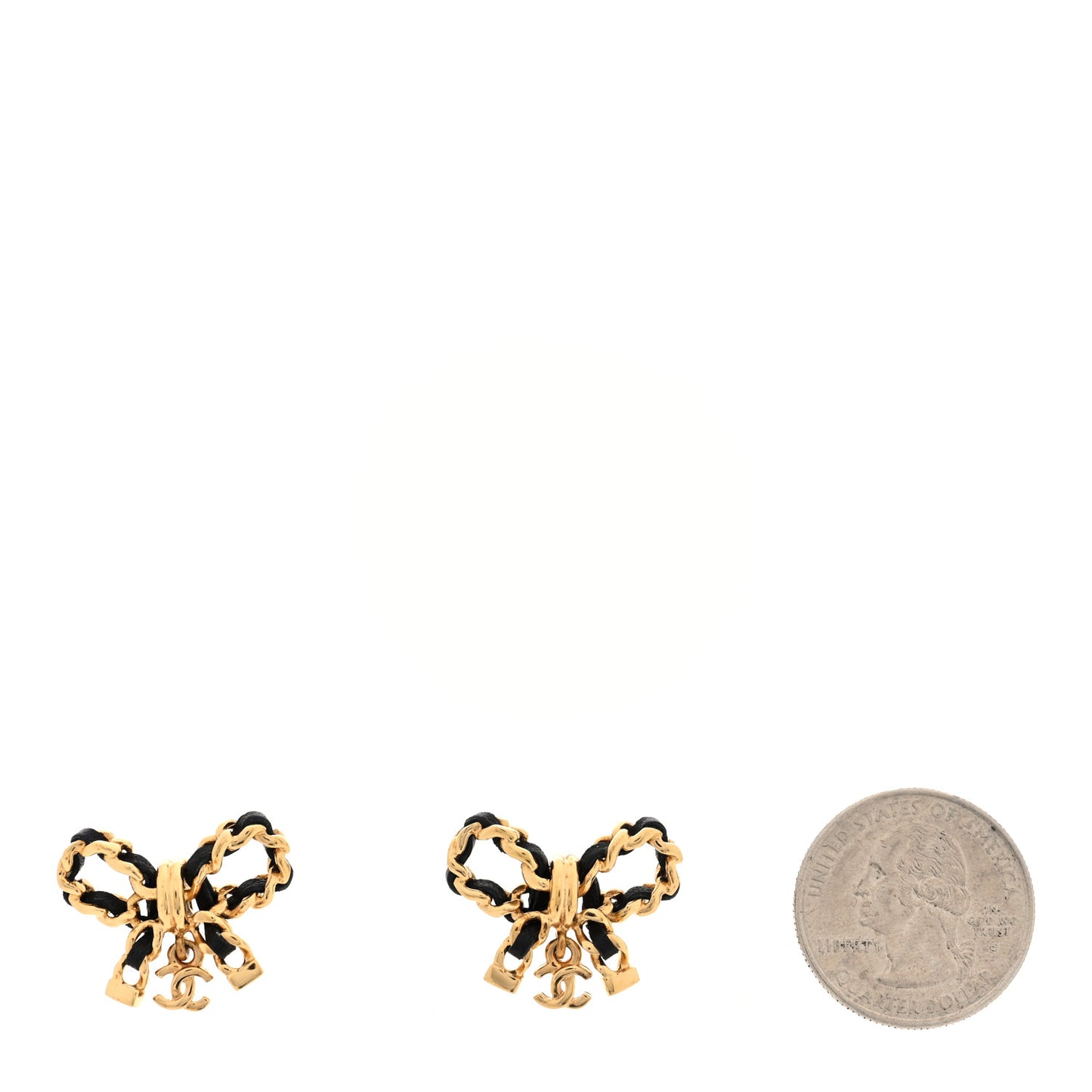 Lambskin Chain Bow Stud Earrings Black Gold