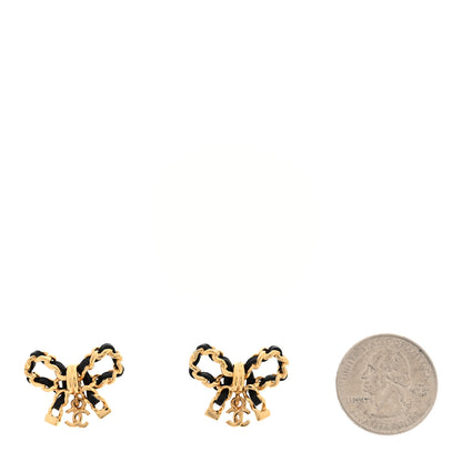 Chanel Lambskin Chain Bow Stud Earrings Black Gold 2 of 5